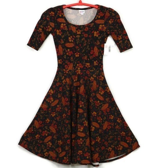 LuLaRoe Nicole Fit‎ & Flare A-Line Dress Black Gold Mustard Red Floral Leaves XS - Picture 1 of 12